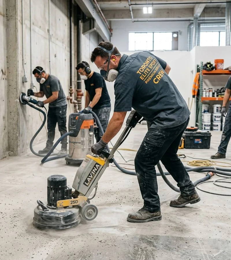 Toronto Elite Epoxy crew  -  a multicultural GTA team diamond-grinding a commercial slab